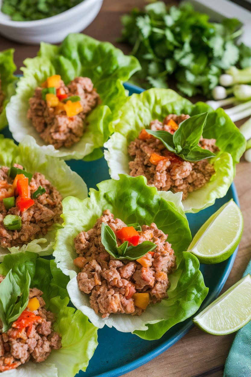 A platter indoors of crisp lettuce cups filled with ground turkey, Thai basil, and diced bell peppers, lime wedges nearby; no text or logos.