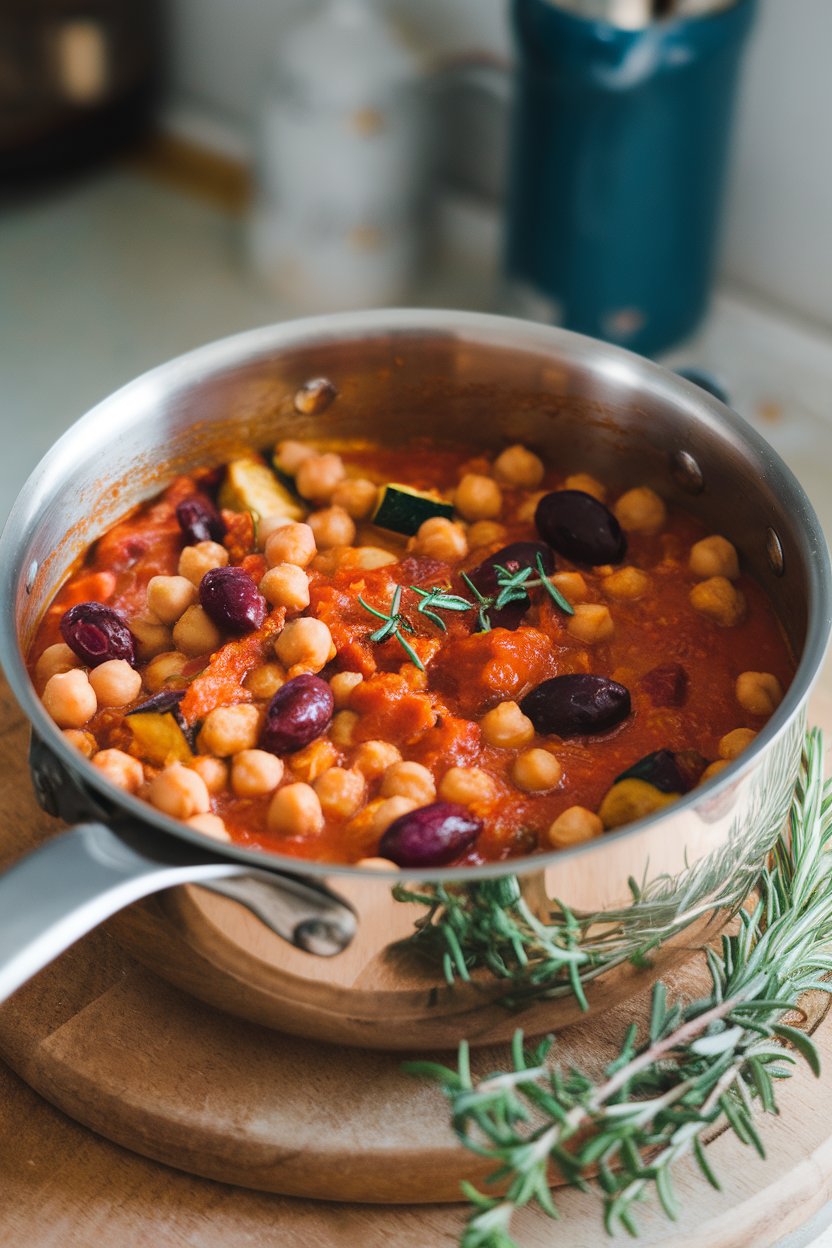 Photo of an indoor saucepan filled with a chunky tomato-based stew of chickpeas, zucchini, and olives; no text or logos