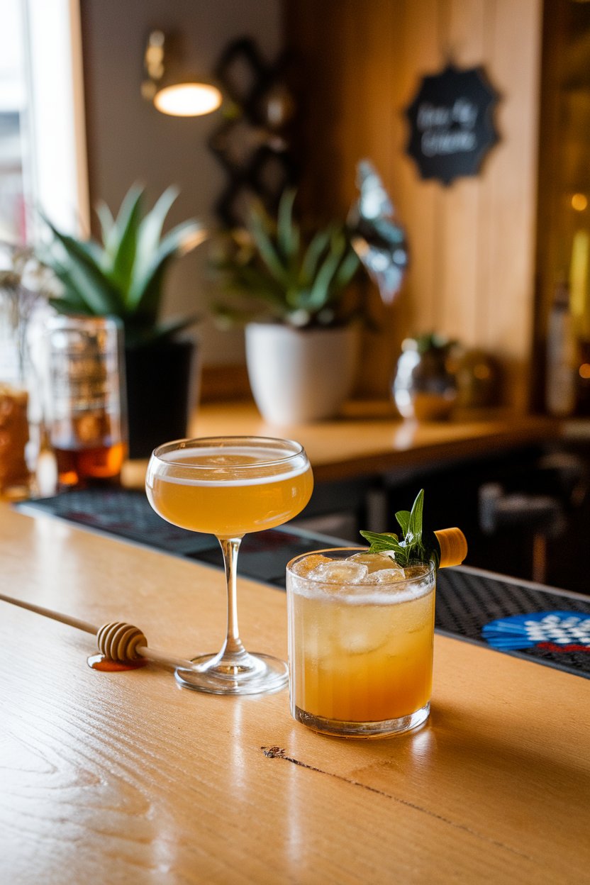 An indoor wooden bar with a coupe of golden Bee’s Knees and a drizzle of honey on a spoon nearby. No text or logos.