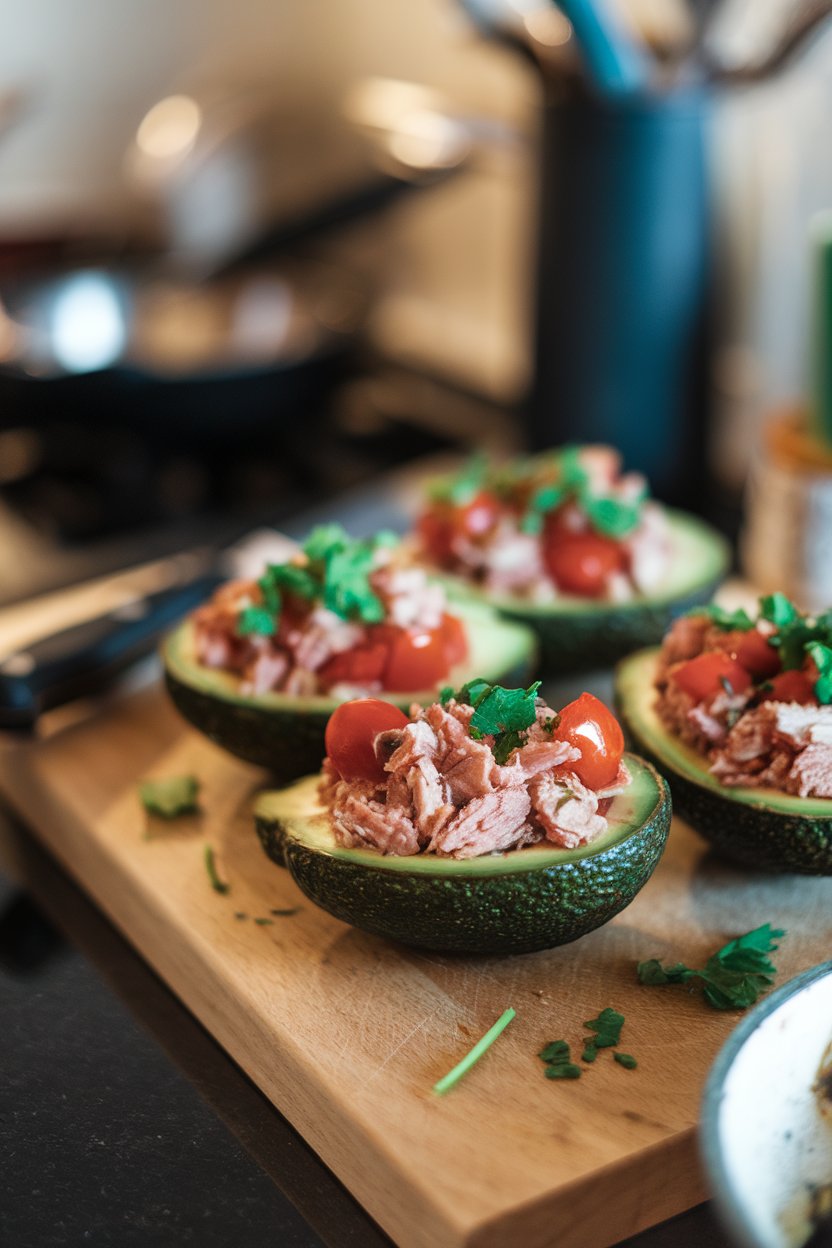 Indoor countertop scene showing halved avocados loaded with cooked flaked tuna, diced cherry tomatoes, chopped olives, and parsley; shot at a 45-degree angle with warm light and no text or logos.