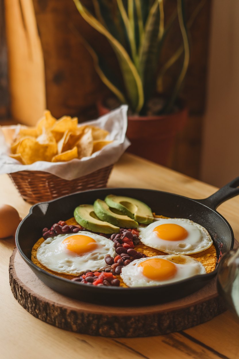 Warmly lit indoor table featuring a skillet with two sunny-side eggs over corn tortillas, black bean salsa, and avocado slices. Photo, no text or logos in frame.