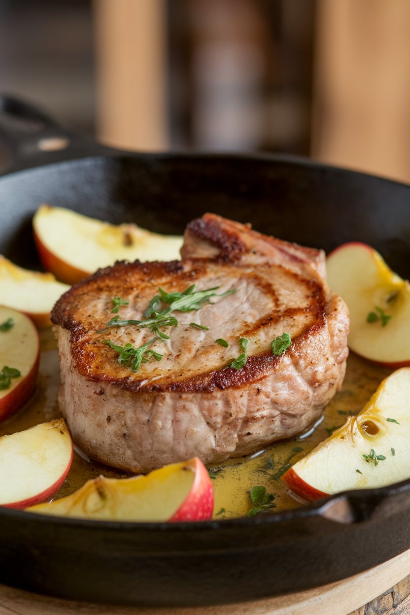Indoor cast-iron skillet with seared pork chops, apple wedges, and a light herb sauce glossy on top. No text or logos.