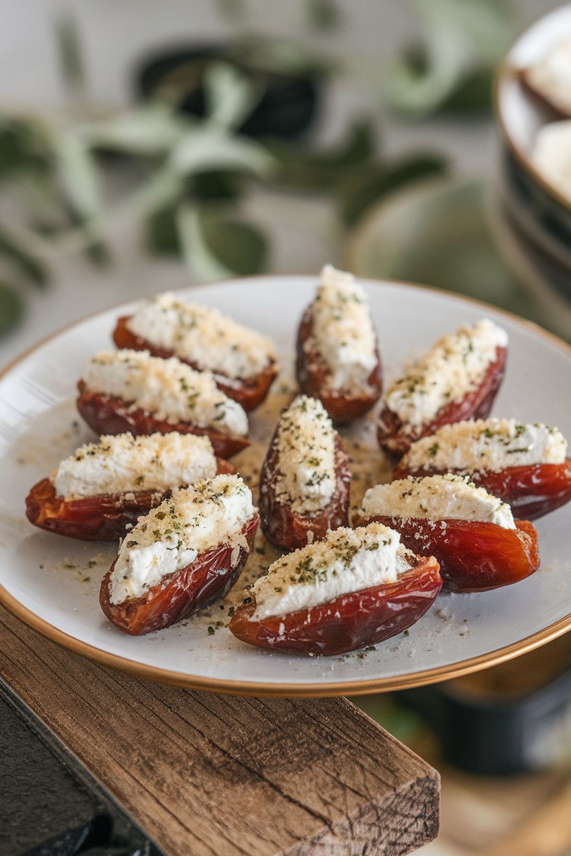 Split dates filled with herbed goat cheese and dusted with grated Parmesan on an indoor serving plate. No text or logos. Photo.