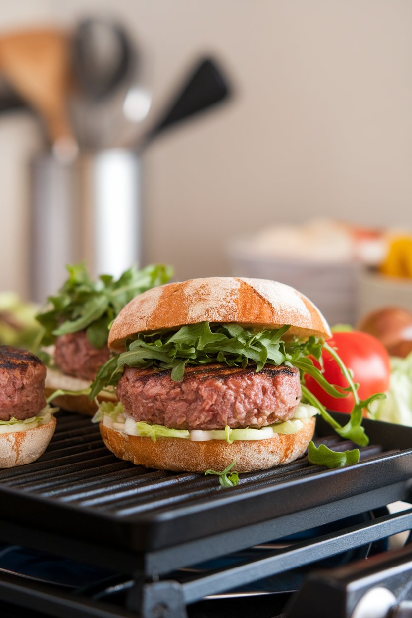 An indoor grill pan with turkey burger patties cooked and topped with arugula on whole-grain buns, photo, no text or logos.