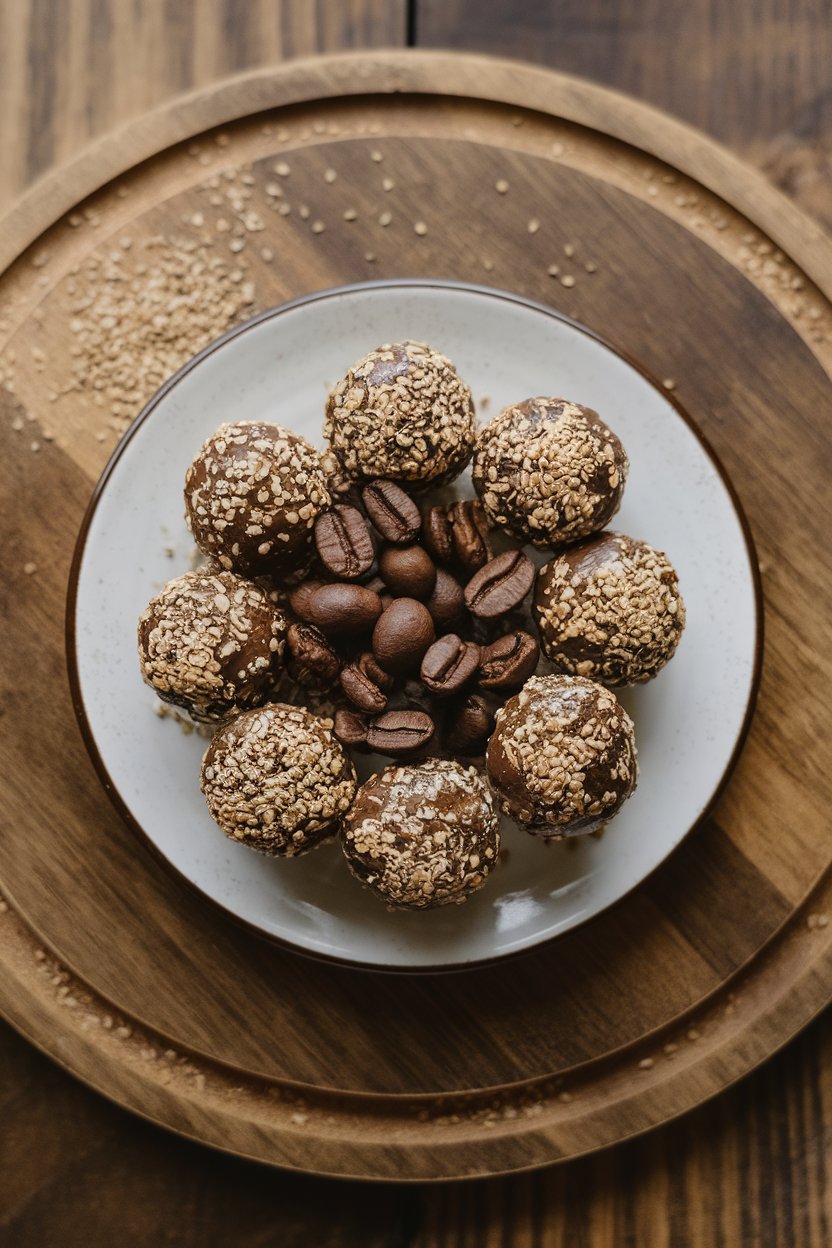 An indoor dish with round mocha energy bites coated lightly in hemp seeds, a few espresso beans for decoration. No text or logos.