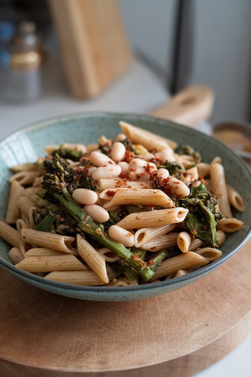 A shallow bowl indoors of whole-grain penne tossed with broccoli rabe, cannellini beans, and chili flakes; no text or logos.