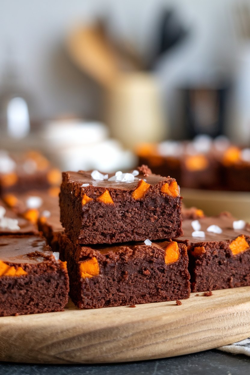 An indoor cutting board with fudgy squares of sweet potato brownies, photo only, no logos.