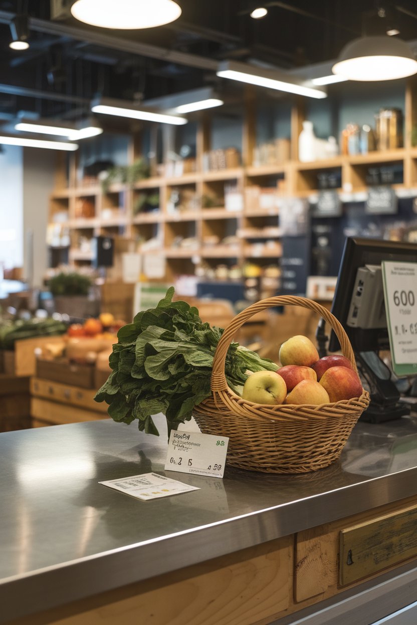 Photo of an indoor farmers’ market checkout counter showing a modest bill beside a basket of greens and apples; soft ambient light; no text or logos.