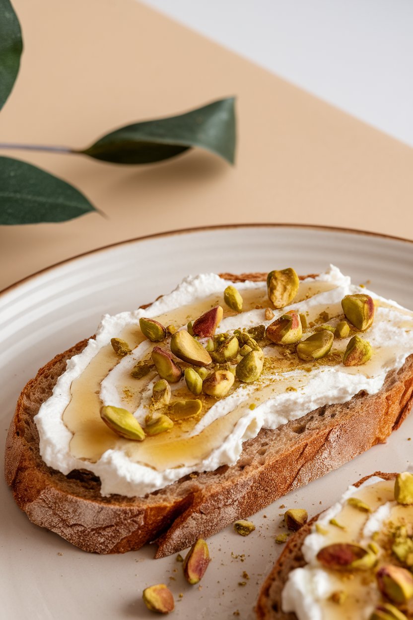 Close-up indoor photo of a slice of toasted whole-grain bread spread with creamy ricotta, drizzled with honey, and sprinkled with crushed pistachios. No text or logos.