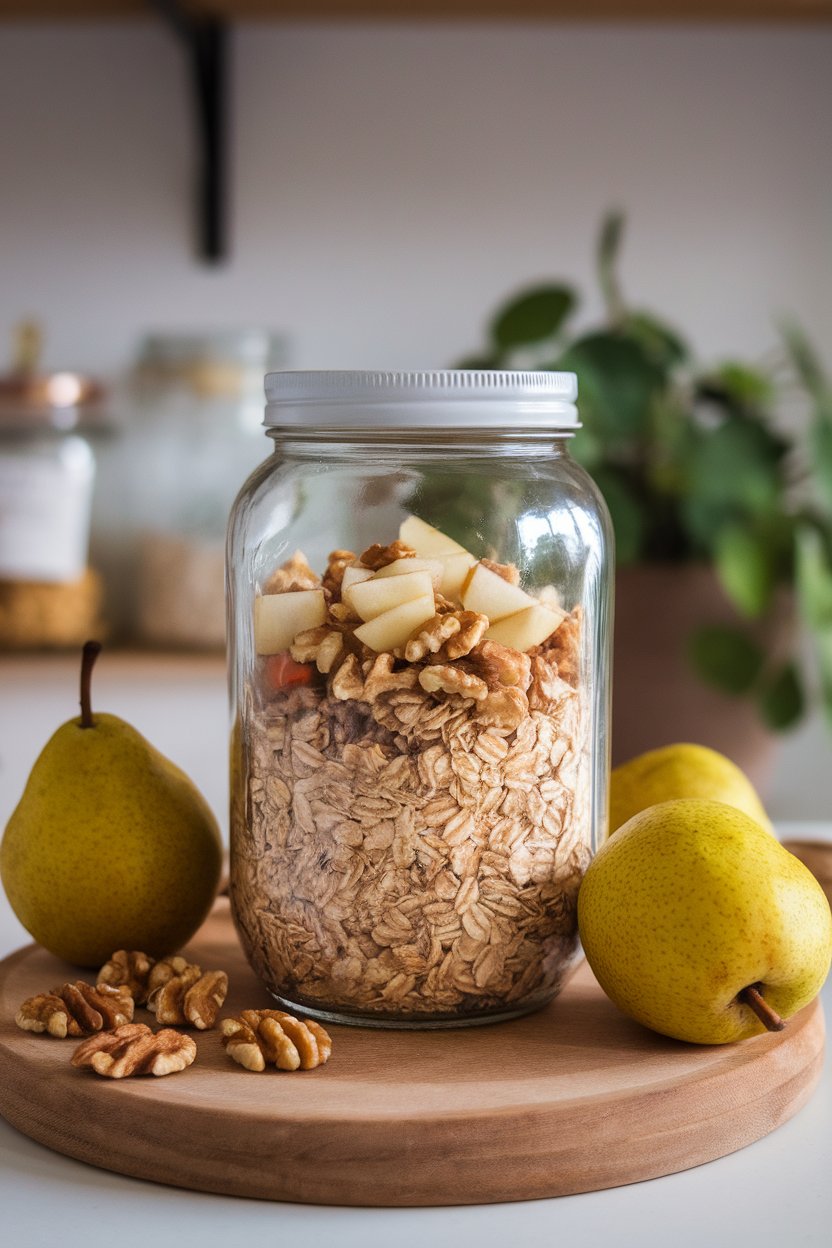 A glass jar on an indoor counter filled with pear walnut muesli, photo only, no text or logos.