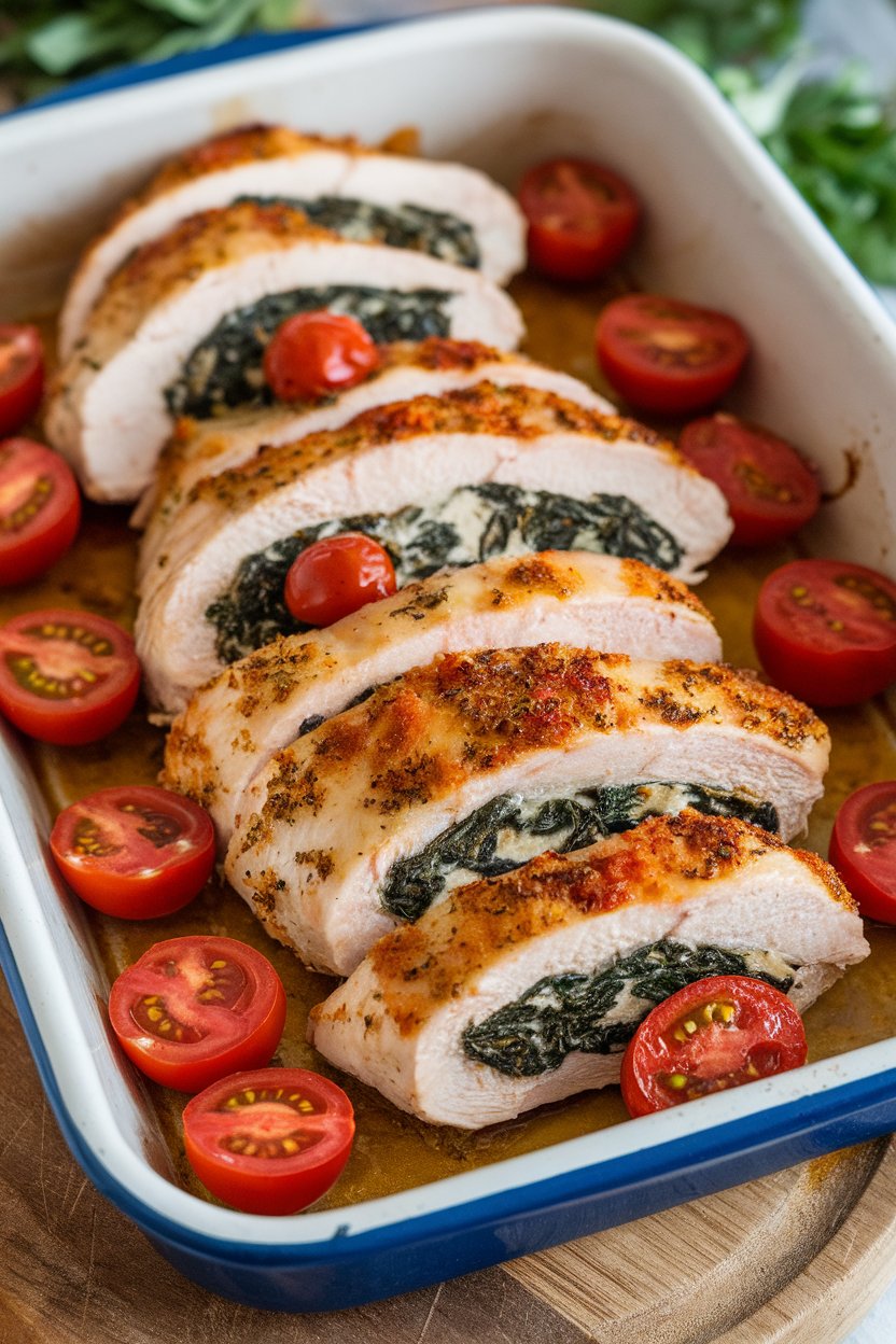 Indoor baking dish with sliced stuffed chicken breasts revealing spinach-ricotta filling, cherry tomatoes around. No text or logos.