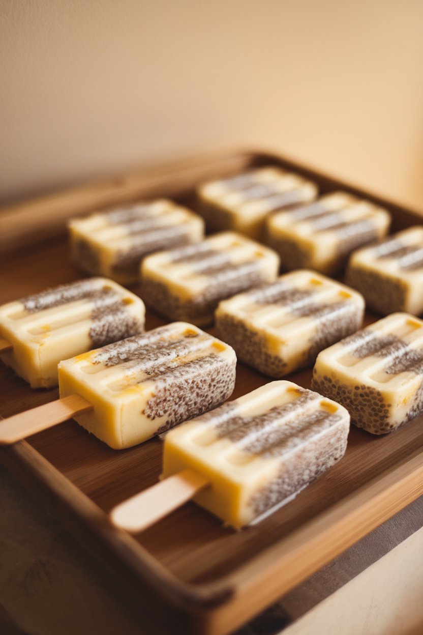 Indoor photo of creamy pineapple coconut chia popsicles resting on a tray, indoor lighting. No text or logos.