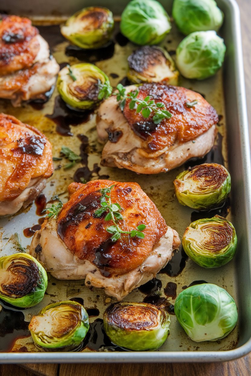 A small indoor sheet pan featuring cooked chicken thighs and halved Brussels sprouts glazed with balsamic reduction. No text or logos. Photo, not illustration.