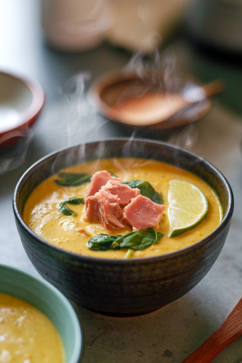 Steaming bowl of golden coconut curry soup with tuna chunks, spinach, and lime wedge; indoor tabletop, no logos.
