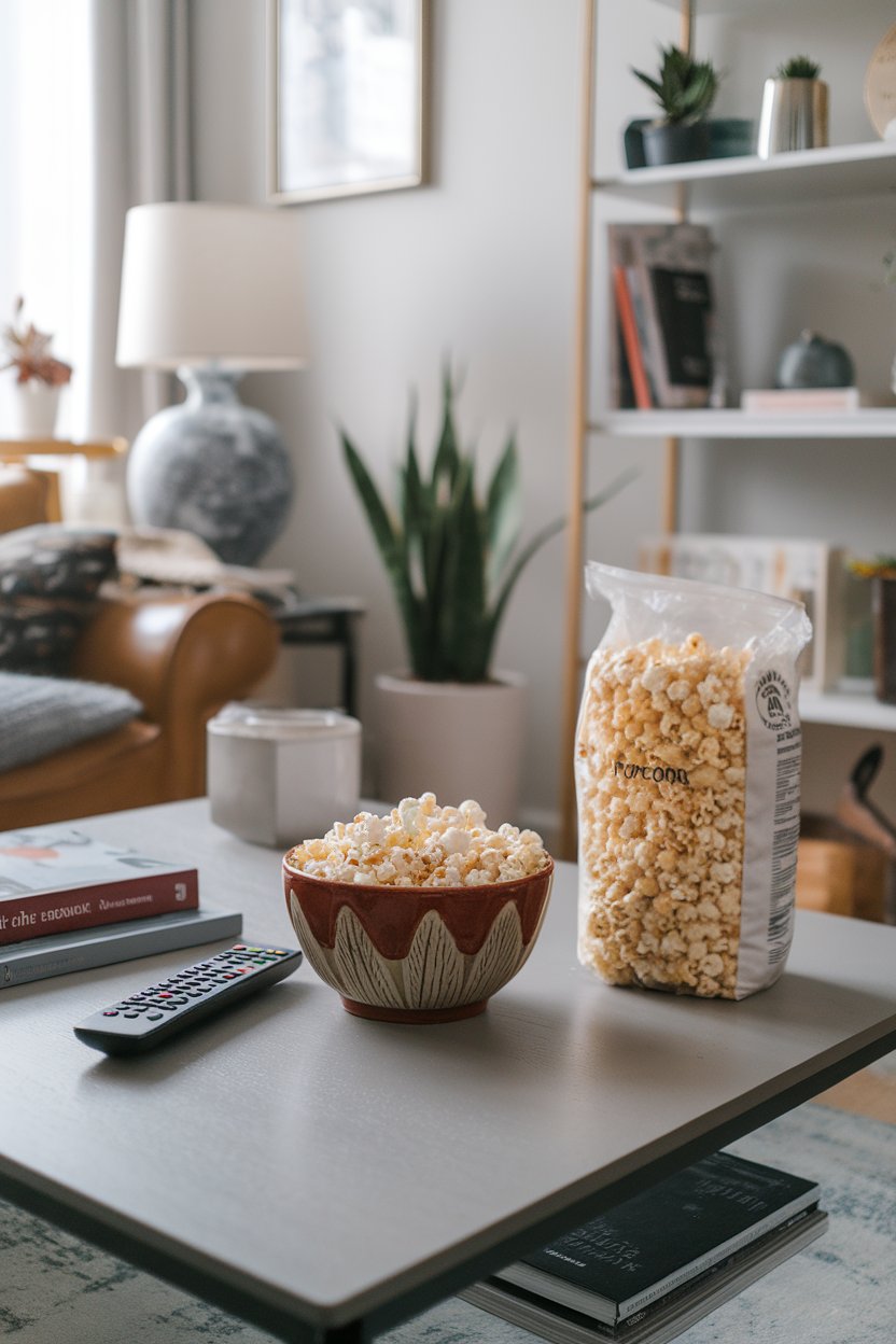 Indoor coffee table with a small ceramic bowl of popcorn beside a remote, full bag out of frame, no logos.