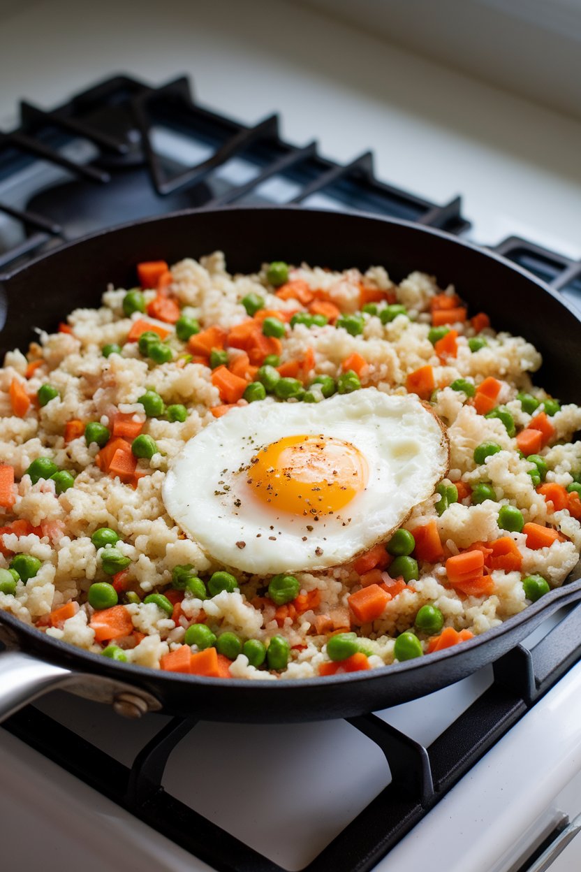 Photo of a skillet with cauliflower rice tossed with peas, carrots, and scrambled egg, shown indoors under bright stove lighting. No text or logos present.