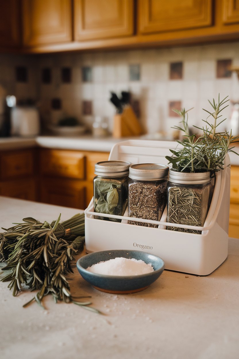 Indoor spice rack with jars of dried basil, oregano, and rosemary next to a small dish of coarse salt, herb bunches sprawled on countertop. No text or logos, photo not illustration.