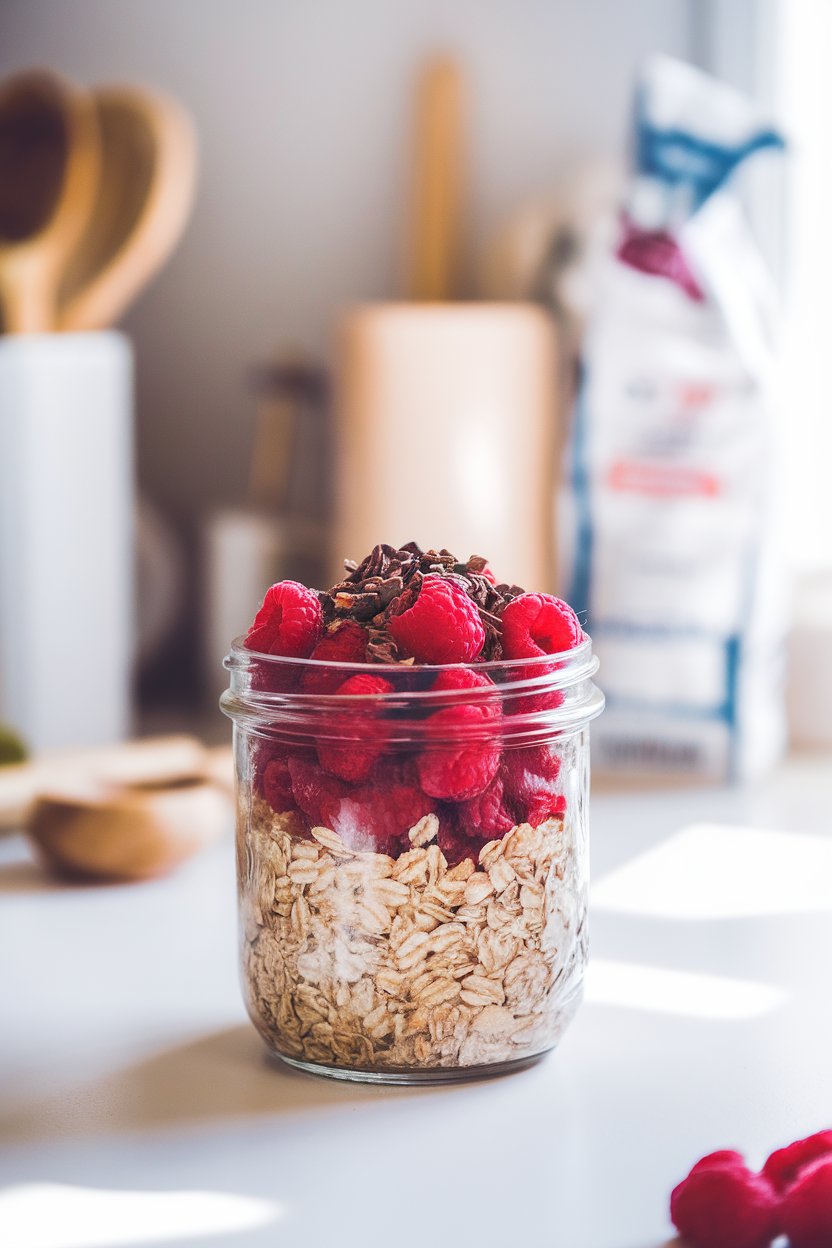Indoor bright kitchen counter view of a jar filled with oats, vivid raspberries, and a generous sprinkle of cacao nibs on top. No logos or text. Photo only.