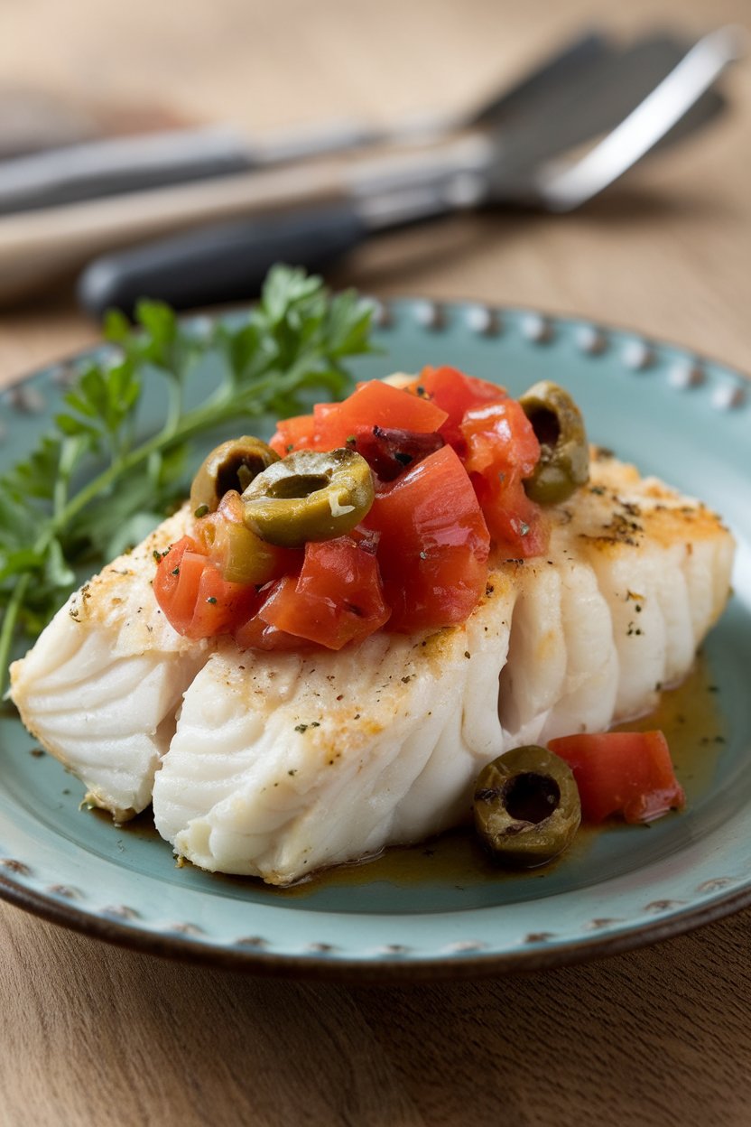 Indoor plate featuring a flaky baked cod fillet topped with a chunky tomato and olive relish, garnished with parsley. No raw fish; no text or logos; photo.