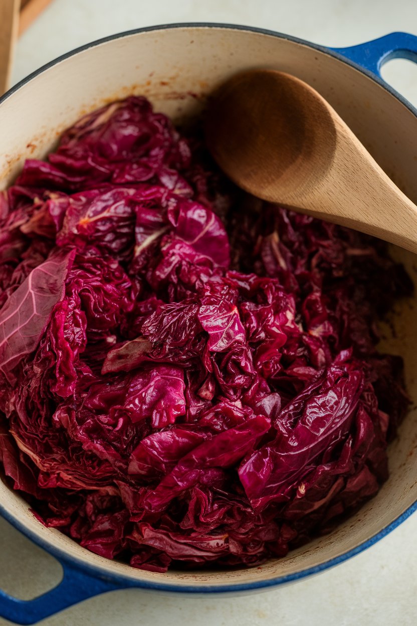 Indoor photo of vibrant ruby-red braised cabbage in a Dutch oven, wooden spoon resting. No text or logos; photo.