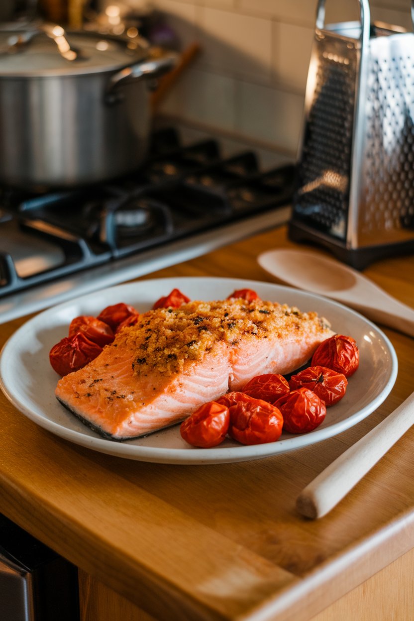 An indoor kitchen island with salmon fillets topped by a golden garlic-Parmesan crust, sitting beside roasted cherry tomatoes. No visible text or logos.