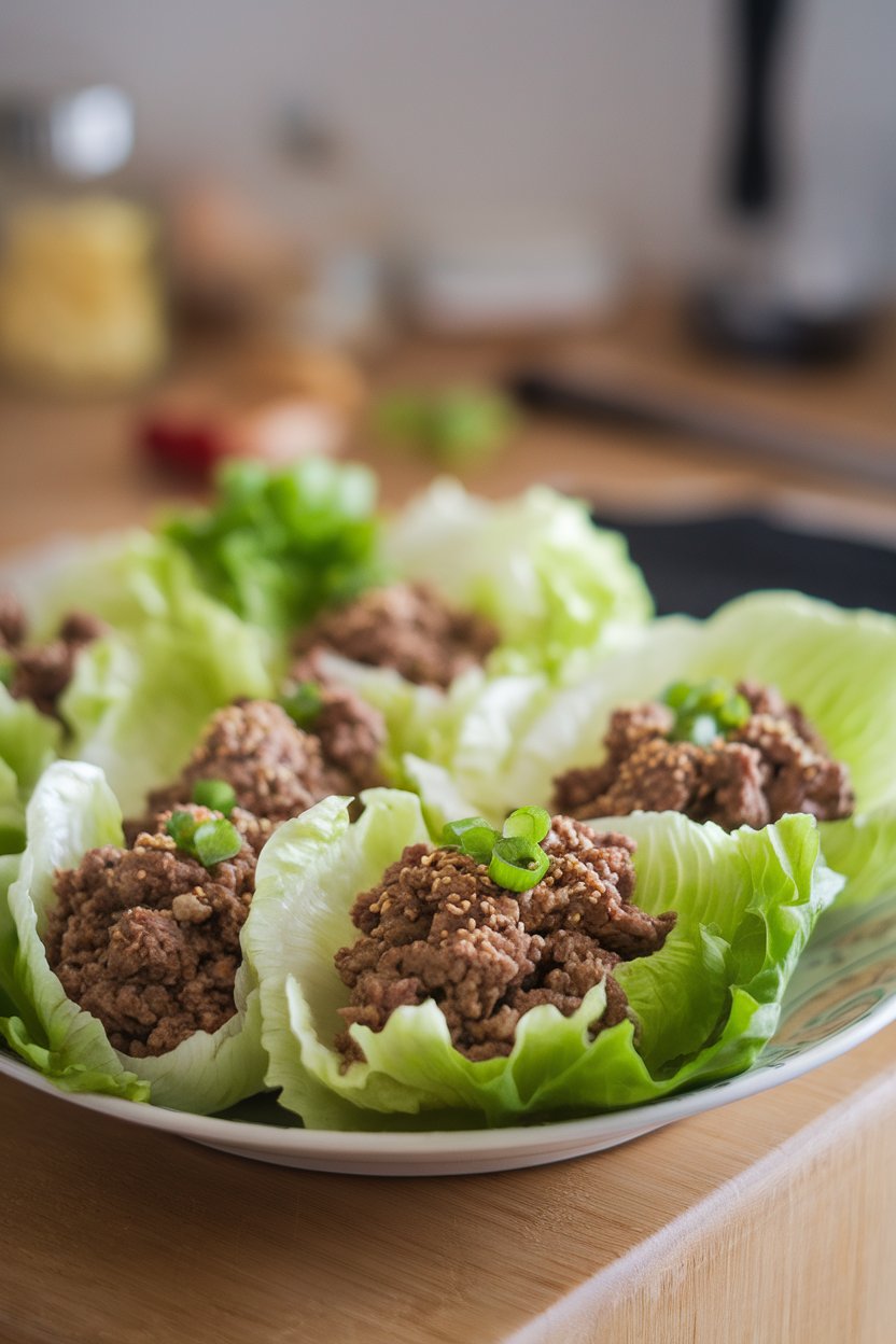An indoor plate of crisp lettuce leaves filled with ground beef seasoned with sesame and ginger, green onions sprinkled on top. No text or logos. Photo, not illustration.