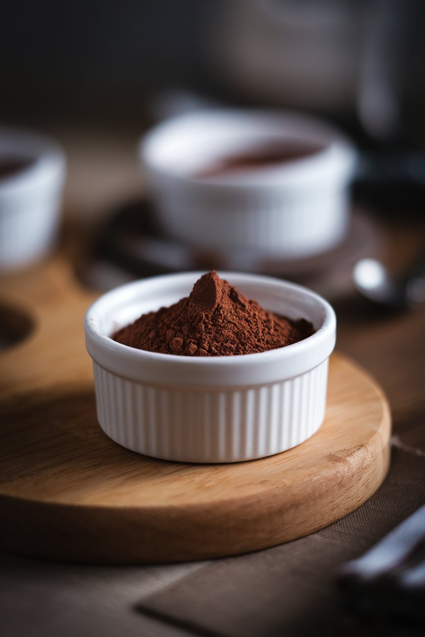 Photo of a small mound of dark cocoa powder in a white ramekin indoors, soft light casting subtle shadows, no text or logos