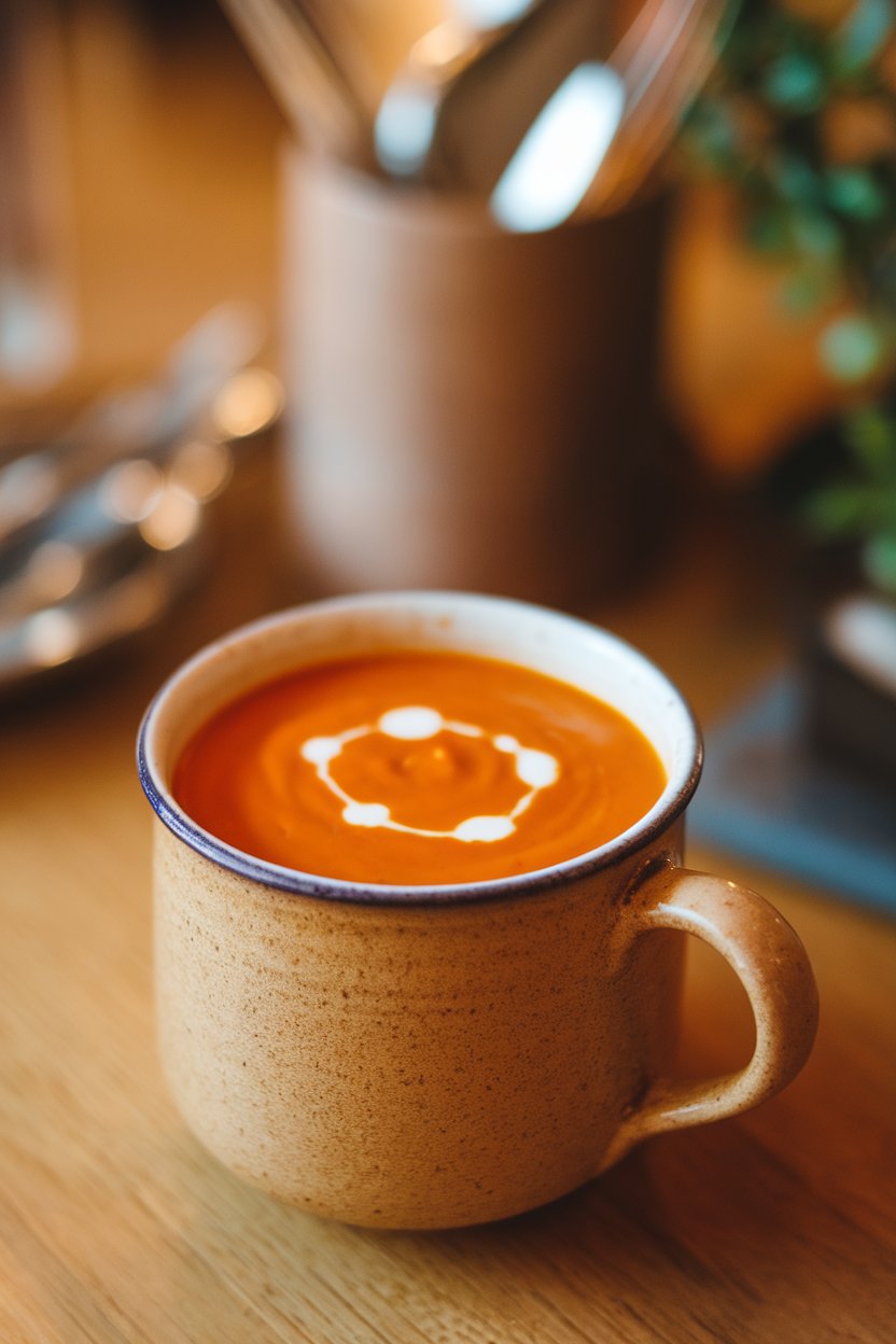 A soup mug indoors with velvety orange carrot soup, tiny drizzle of coconut cream on top; photo only, no text or logos.