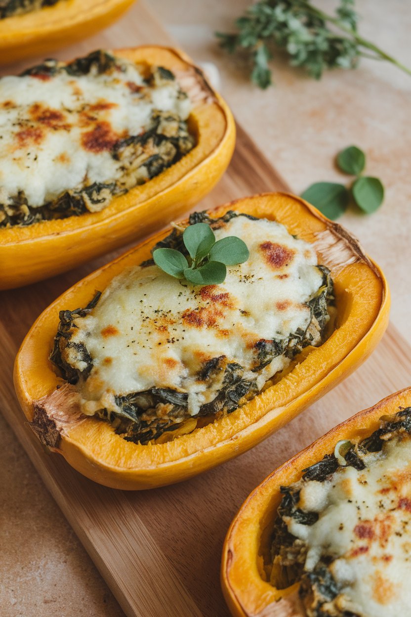 Halved spaghetti squash boats indoors overflowing with spinach-artichoke filling and lightly browned cheese; no text or logos.