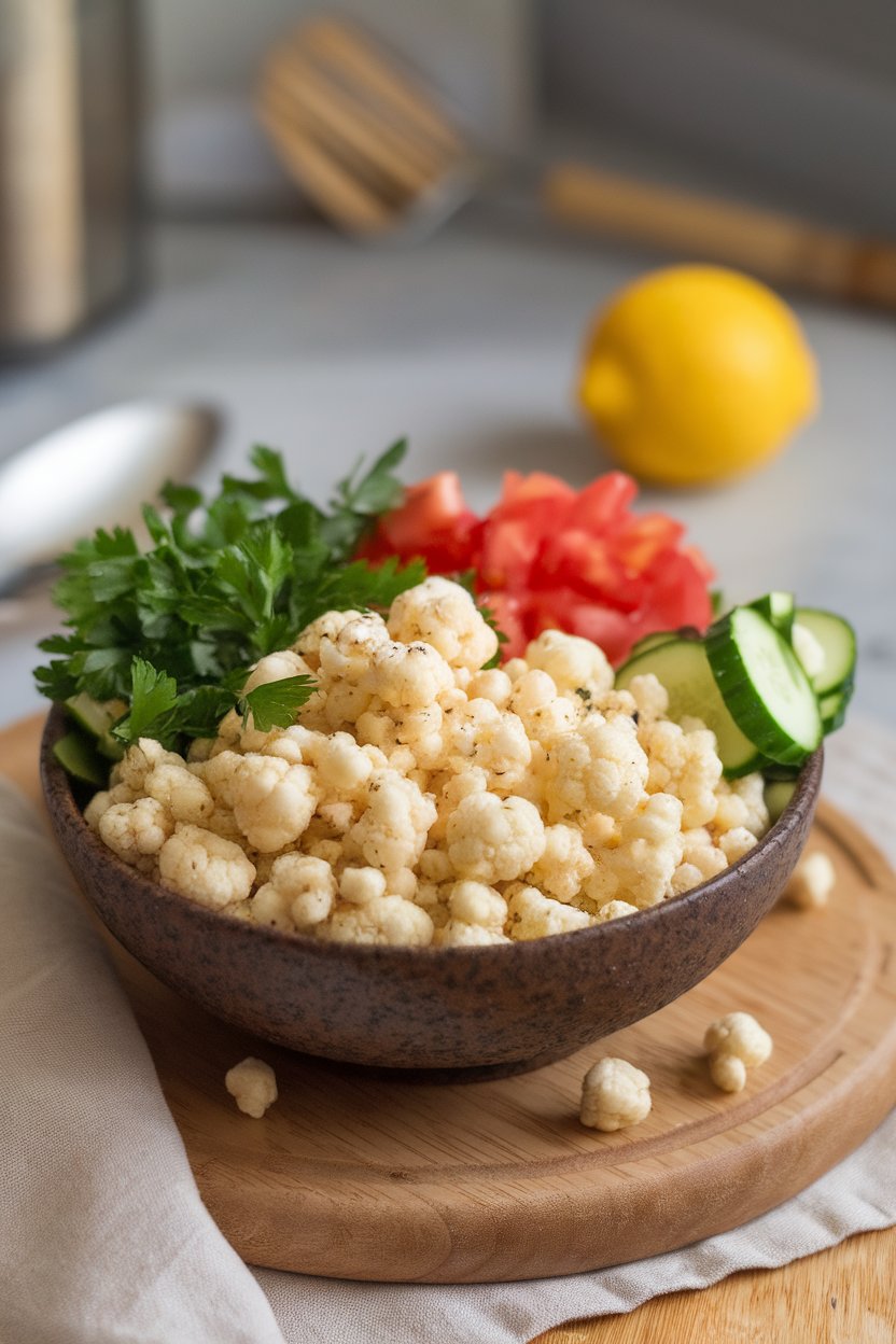 Indoor bowl showcasing finely chopped cauliflower “grains,” parsley, tomato, and cucumber in lemon dressing. No text or logos.