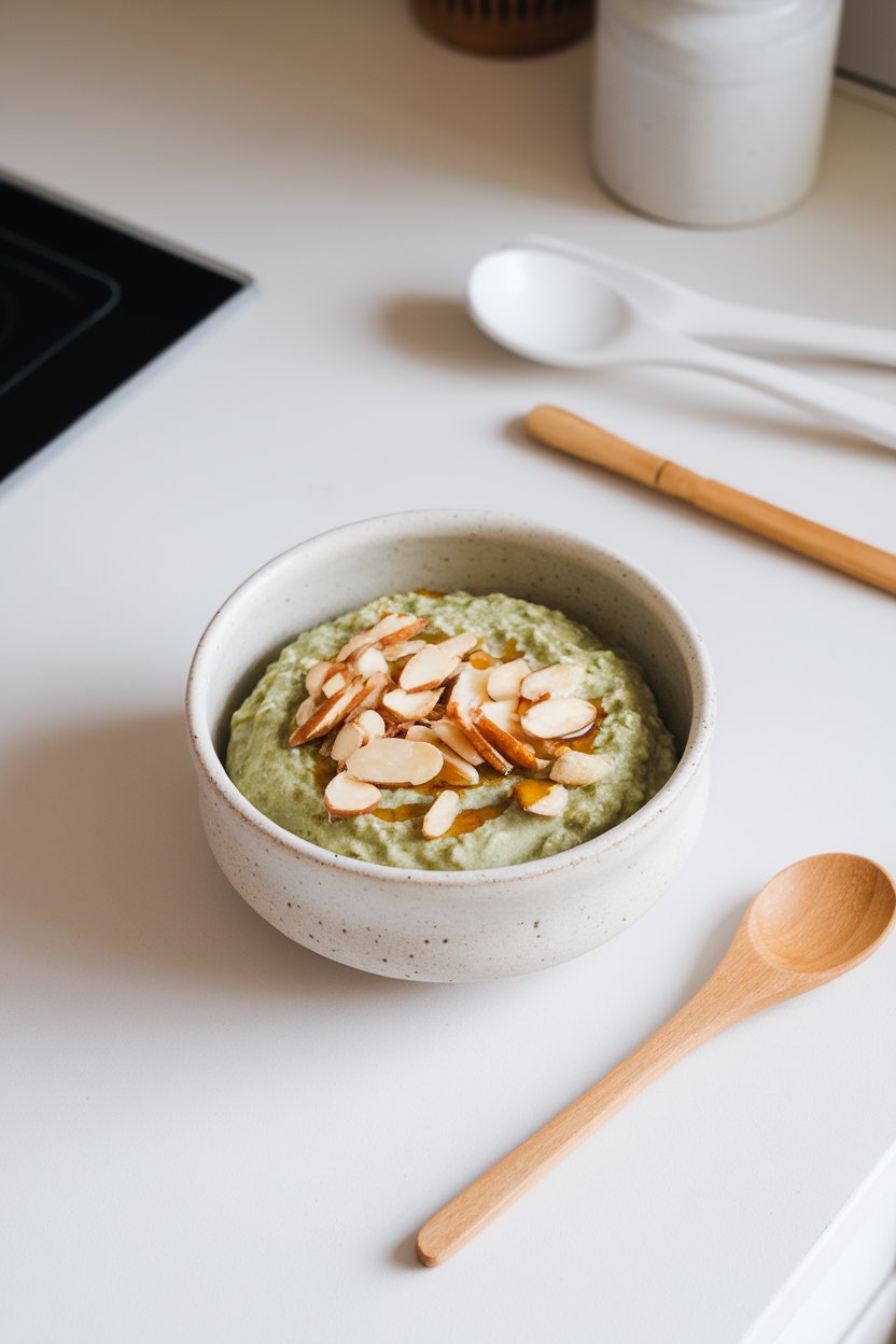 An indoor zen-style counter scene showing pale green matcha oats topped with sliced almonds and a light drizzle of honey. No text or logos. Photo only.