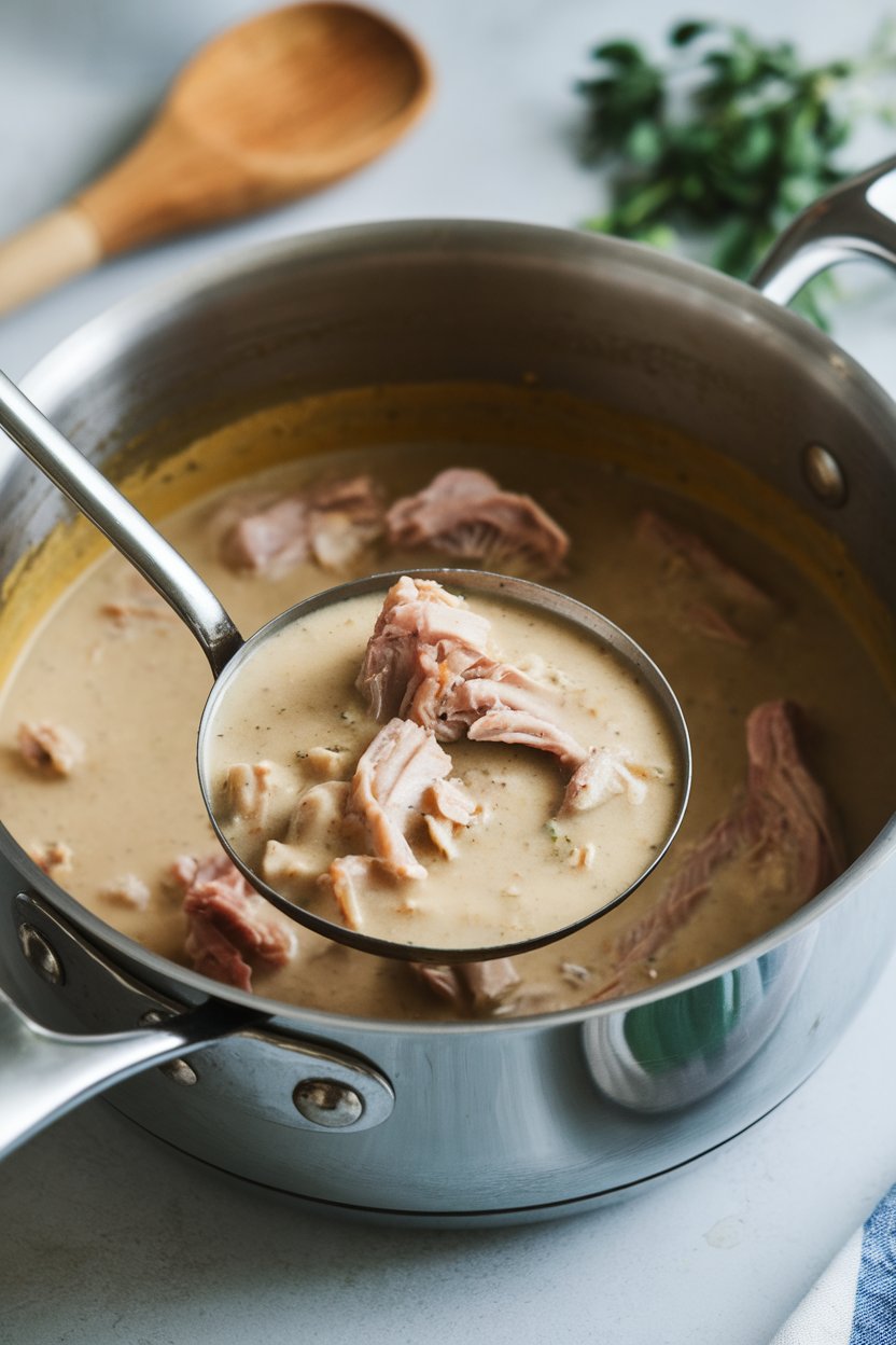 A saucepan indoors with chunky turkey gravy, bits of giblet meat visible, ladle resting on side—no text or logos. Photo.