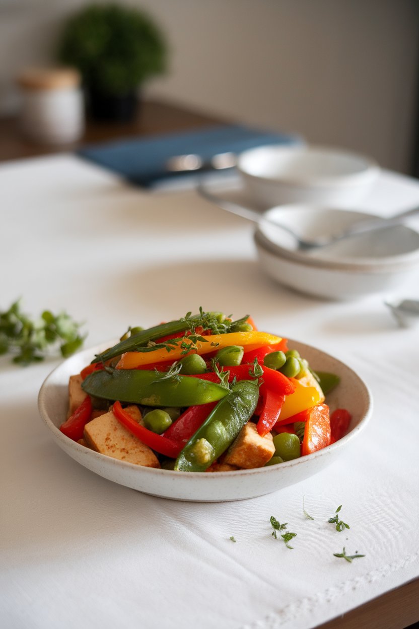 Photo of an indoor dining table showing a colorful stir-fry of bell peppers, snap peas, and tofu seasoned with fresh herbs rather than soy sauce. No text or logos anywhere.