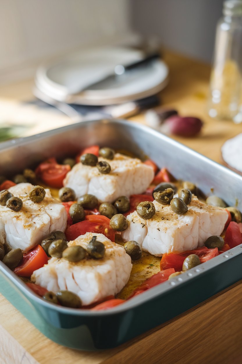 Indoor photo of a baking dish holding flaky cod fillets atop tomato chunks, olives, and capers; soft evening light, no text or logos