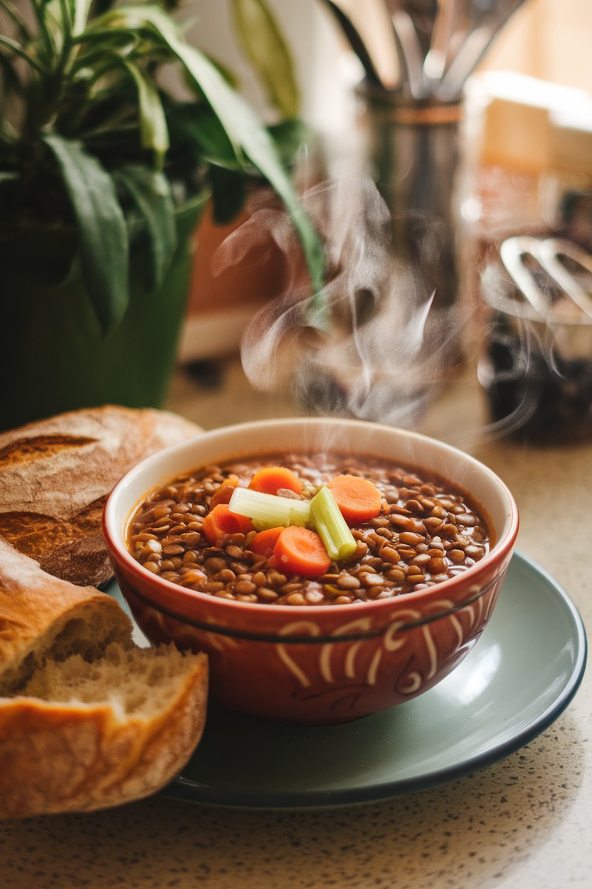 Photo of an indoor countertop with a steaming bowl of lentil soup filled with carrots and celery, crusty bread beside, no text or logos