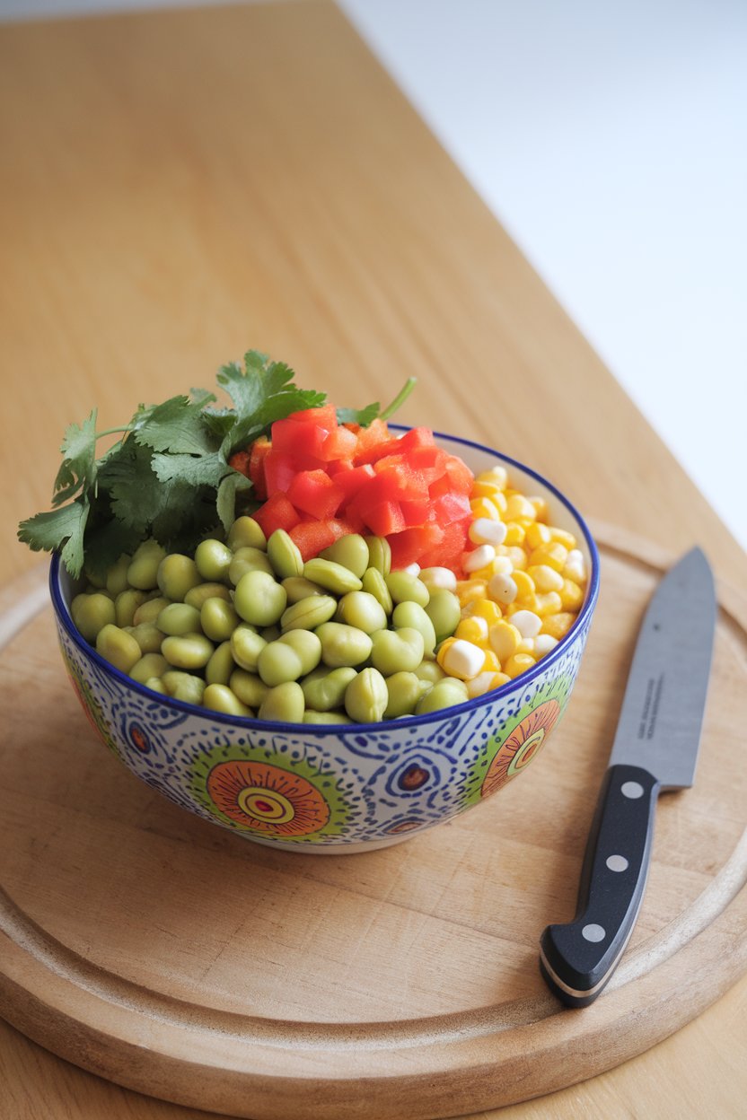 Indoor photo of a colorful bowl featuring shelled edamame, corn kernels, diced red bell pepper, and cilantro; bright kitchen lighting, no text or logos