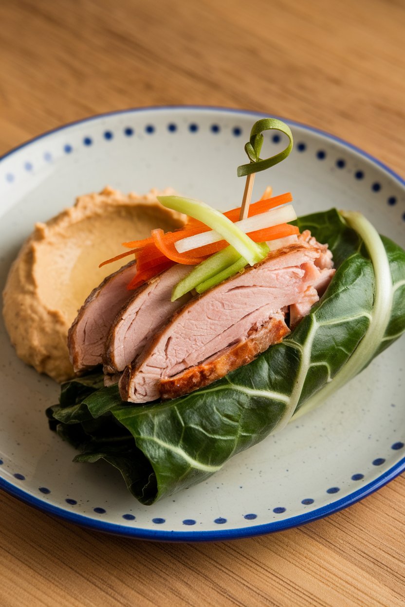 An indoor lunch plate with collard green leaves wrapped around sliced turkey, hummus, and julienned veggies, toothpick holding them. No text or logos. Photo.