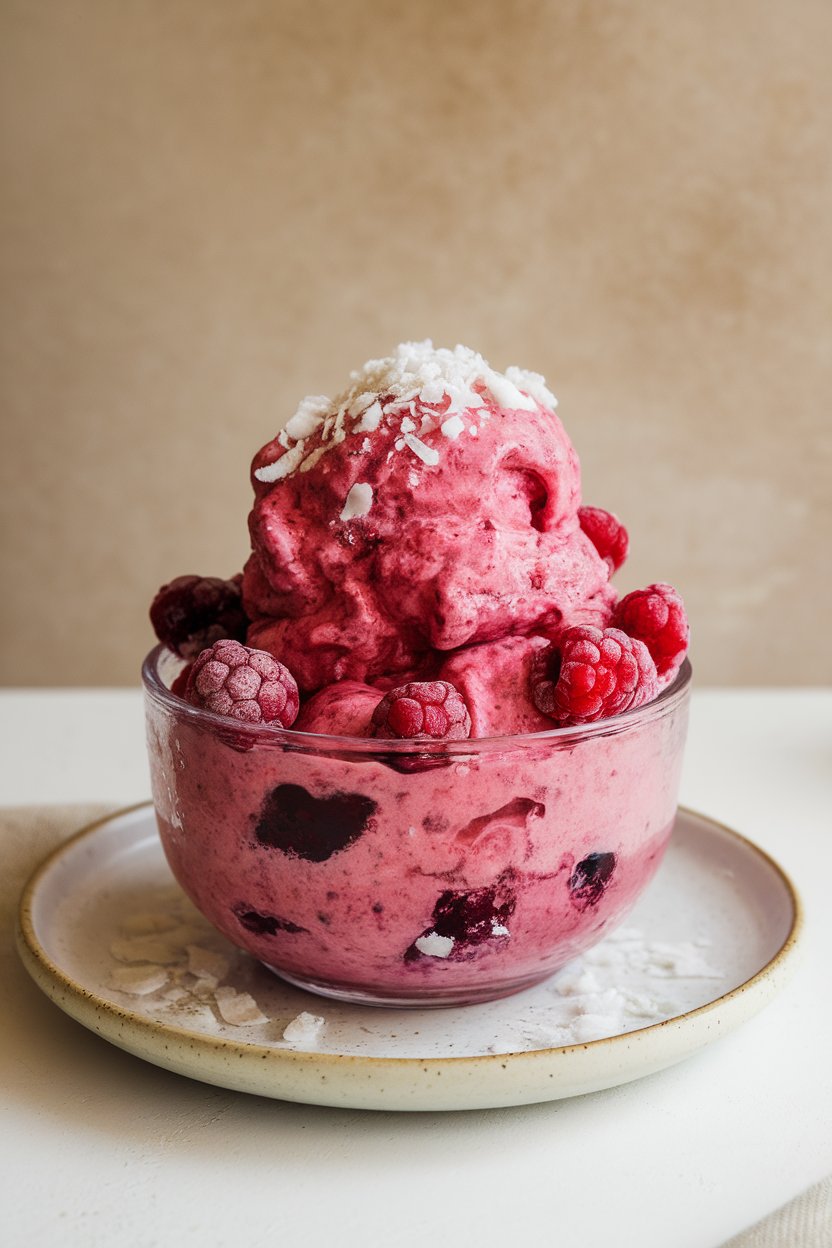Indoor bowl of vibrant pink berry nice cream topped with shredded coconut, shot from a three-quarter angle. No text or logos.
