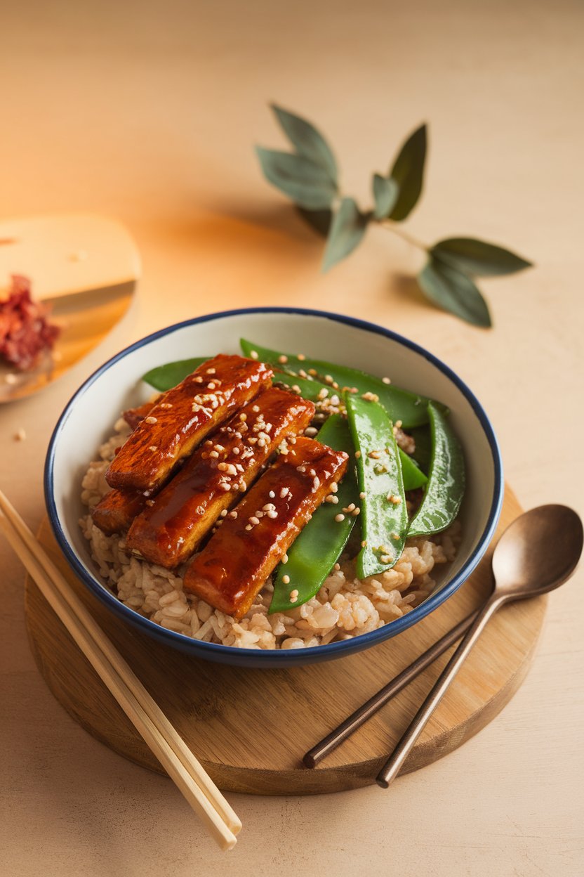 Indoor scene with a bowl of brown rice, glossy teriyaki tempeh strips, sautéed snow peas, and sesame-scallion garnish. No text or logos.