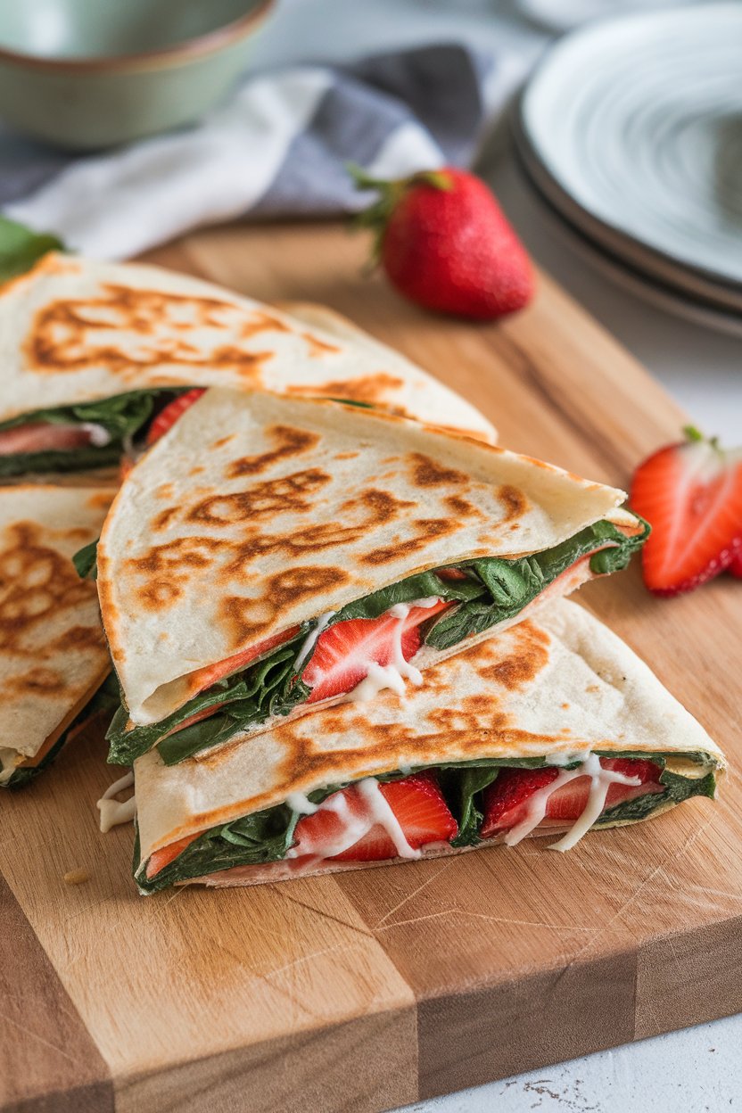 An indoor cutting board holding wedges of a strawberry spinach quesadilla with melted mozzarella strands; no text or logos.