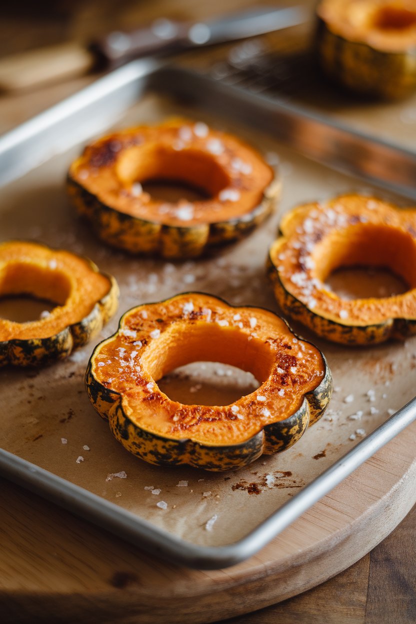 Indoor photo of delicata squash rings browned on a baking sheet, seeds removed, sprinkle of salt visible. No text or logos; photograph.
