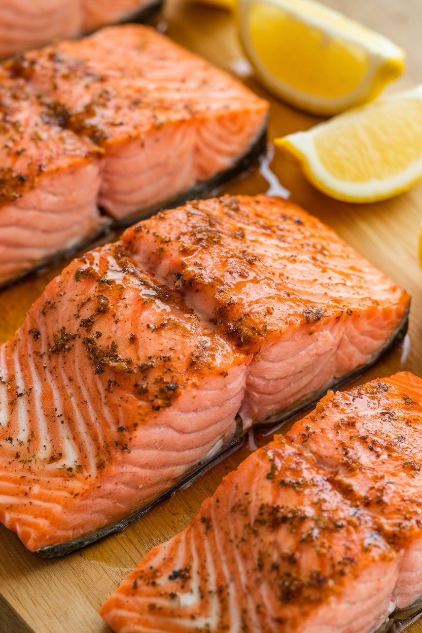 Indoor food photo of cooked salmon fillets brushed with maple-Dijon glaze, flaked slightly to show moist interior, lemon wedges nearby; no raw fish, no text or logos.