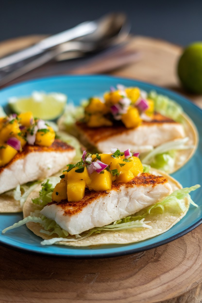 An indoor tabletop with small corn tortillas holding cooked blackened white fish, vibrant mango salsa, and shredded lettuce. No logos or text anywhere.
