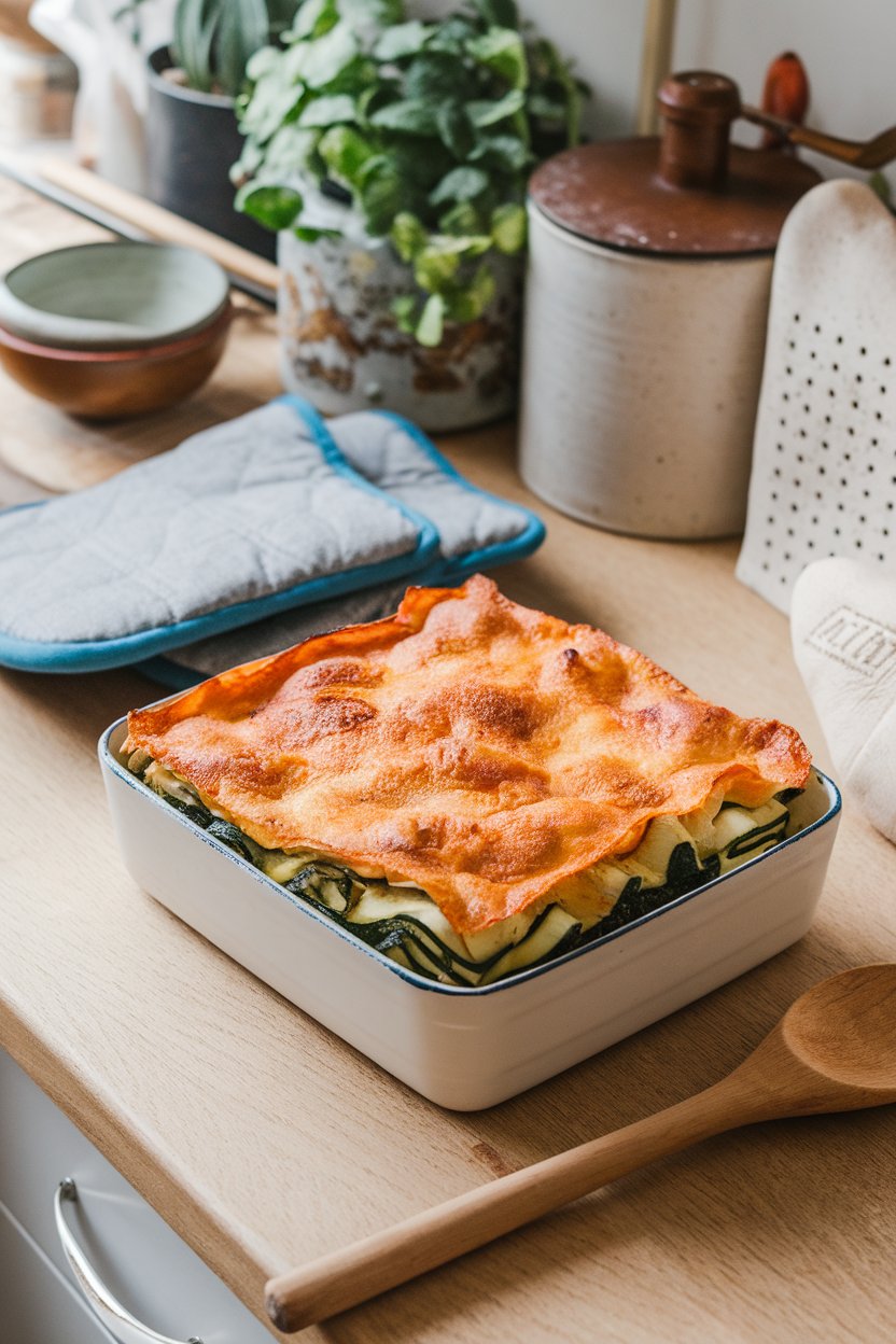 A cozy kitchen counter showcasing a square casserole of bubbling whole-wheat lasagna layered with spinach, zucchini ribbons, and light ricotta, cheese lightly browned on top; no text or logos.