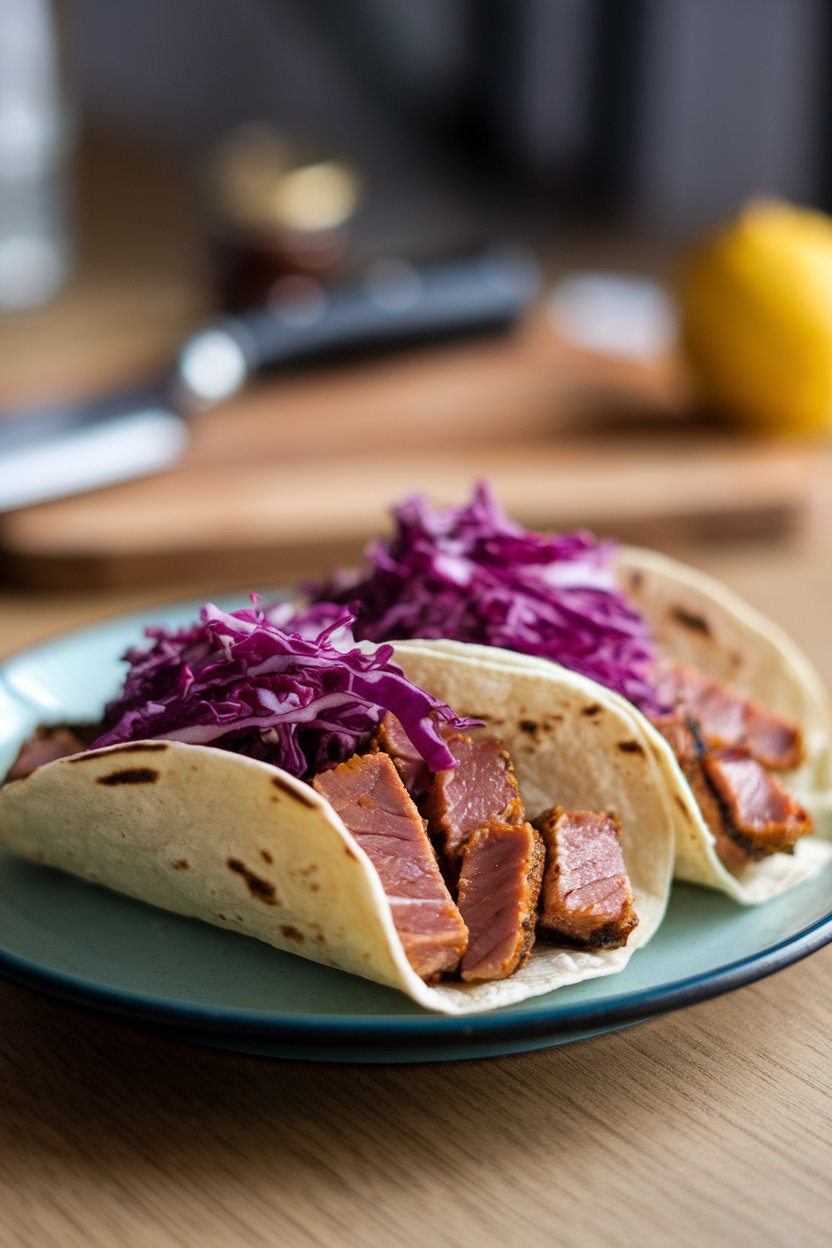 Indoor tabletop showing soft corn tortillas filled with blackened tuna strips and purple cabbage slaw; no logos or text.