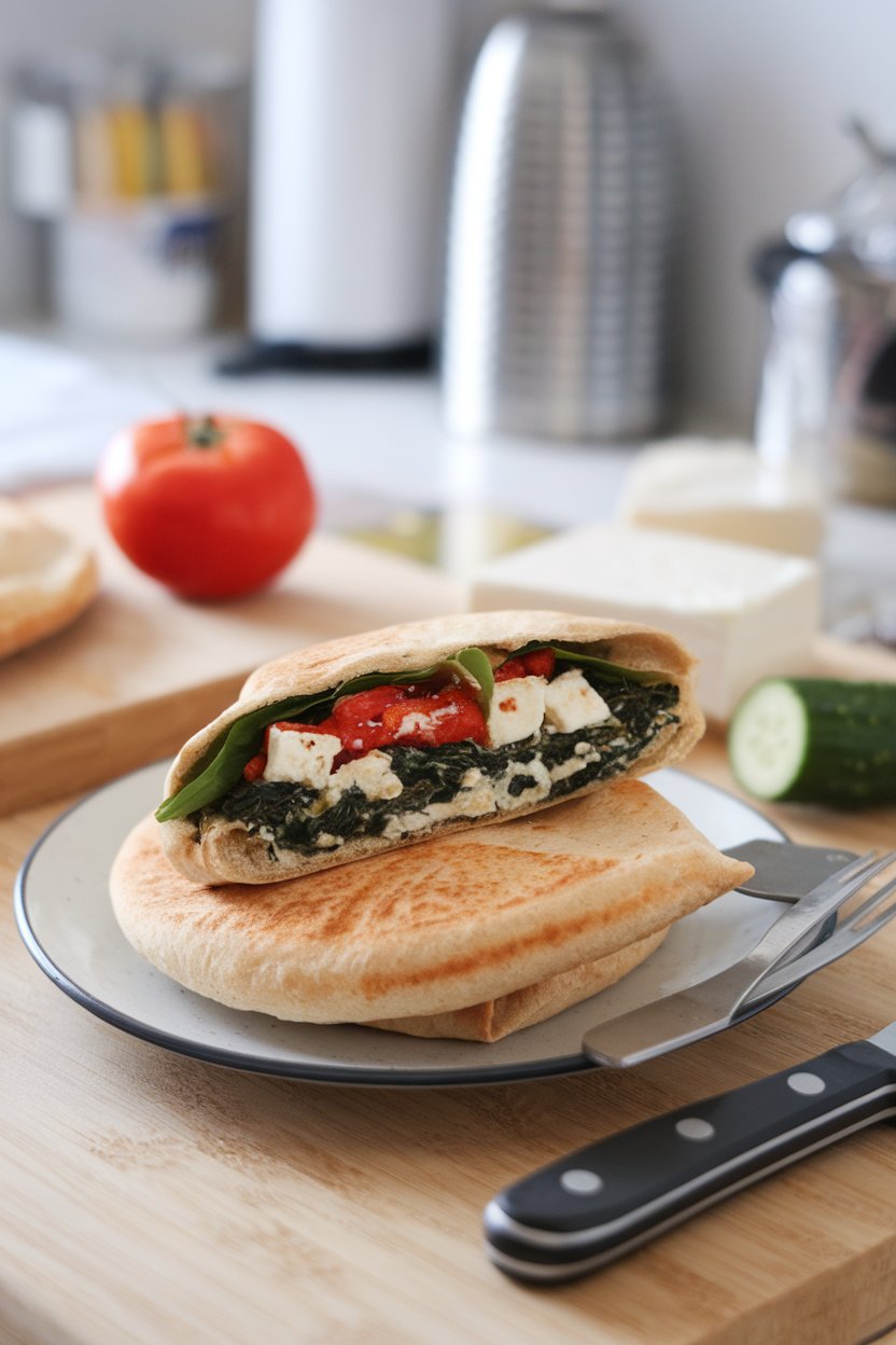 An indoor kitchen counter with a pita cut open to reveal spinach, feta, and roasted red pepper filling, no text or logos.