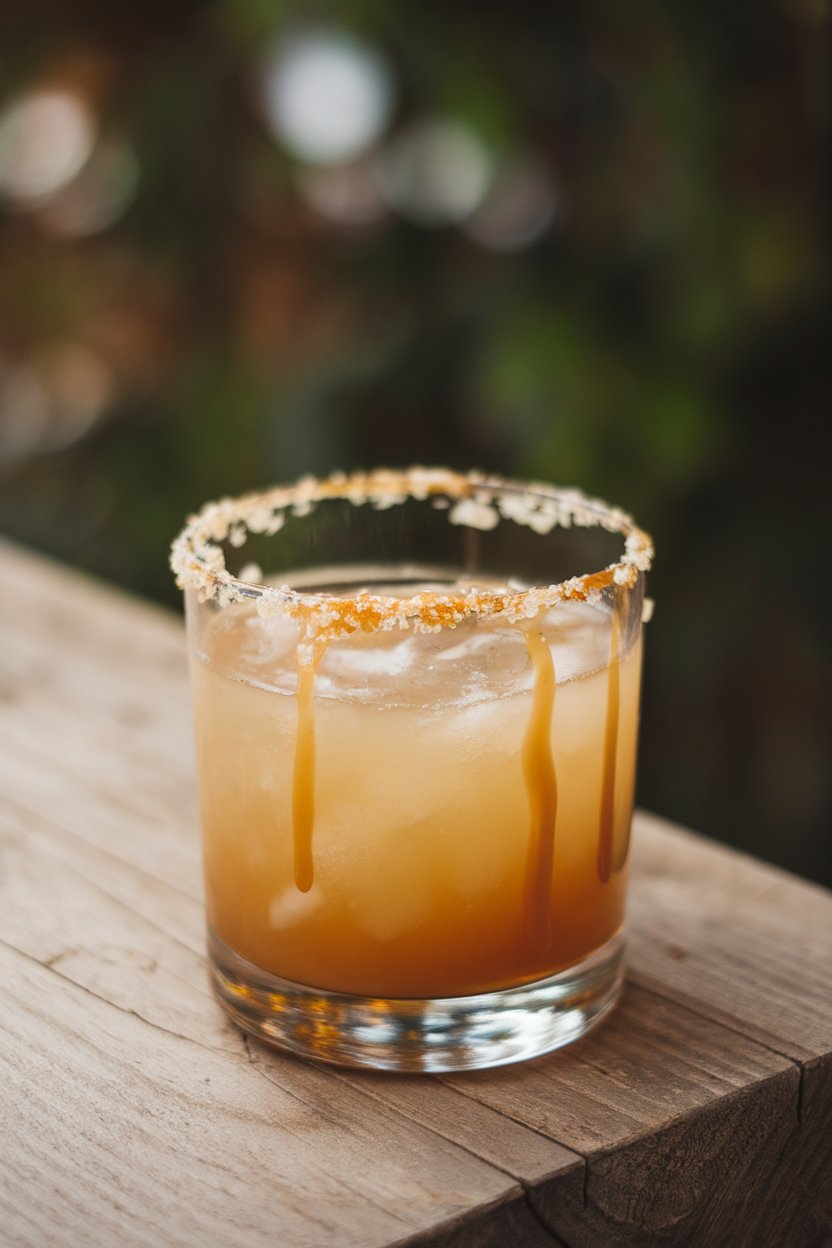 Indoor setting, old-fashioned glass of caramel-colored margarita, caramel-drip rim sprinkled lightly with flaky salt; no logos.