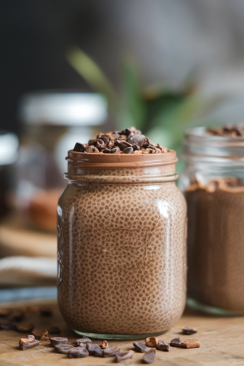An indoor mason jar layered with mocha chia pudding and cacao nibs, photo, no logos.