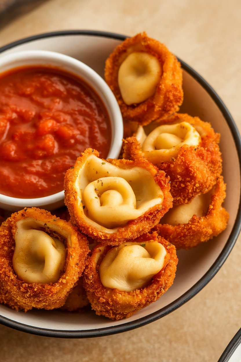 Breaded, fried cheese tortellini piled in a bowl with a side of warm marinara, photographed indoors. No text or logos. Photo.