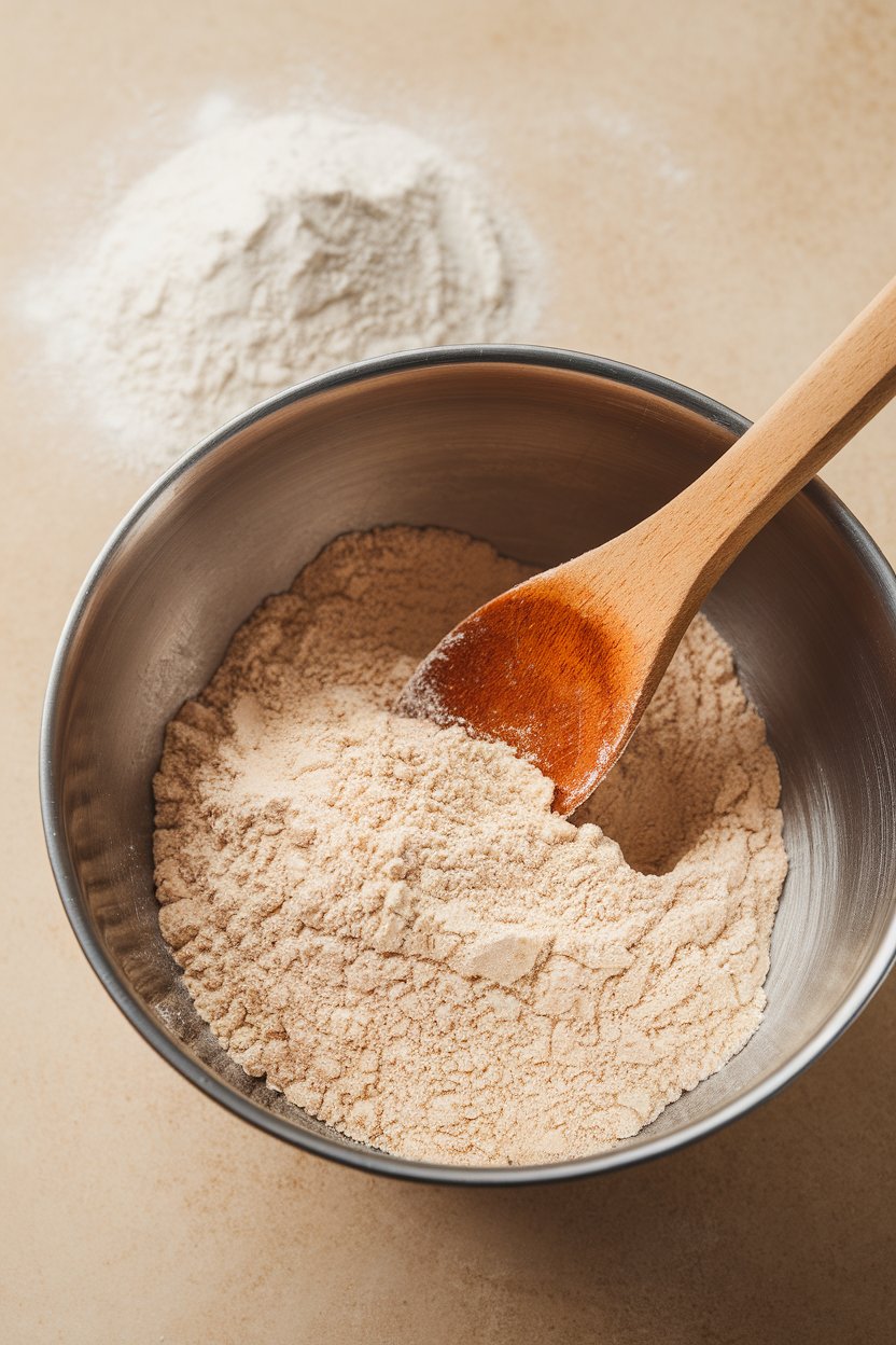An indoor mixing bowl containing whole-wheat flour being stirred with a wooden spoon, a small pile of white flour next to it for contrast. No text or logos on utensils.